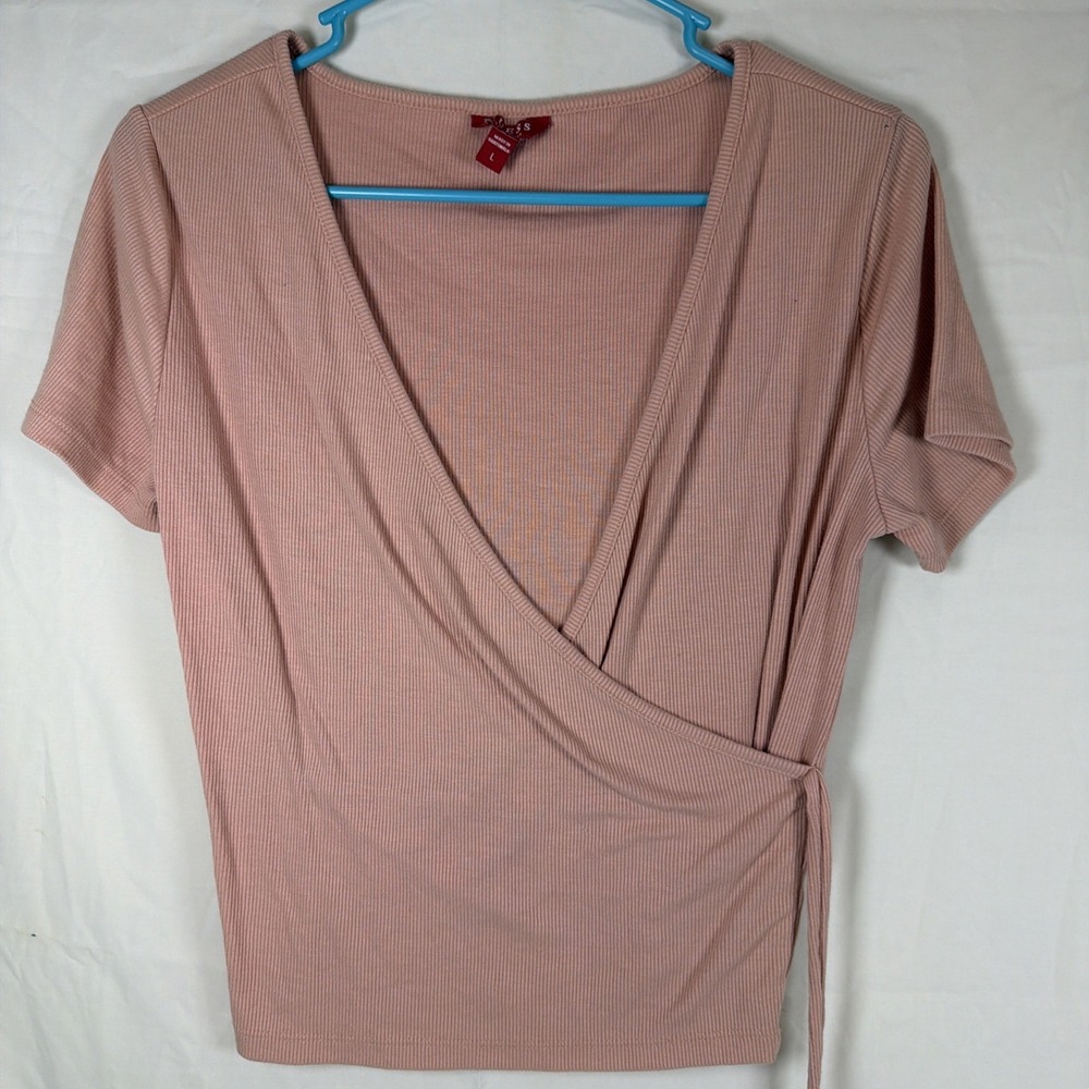 Guess Women's Pink Wrap Top Large Y2K Ribbed Short Sleeve V-Neck Blouse